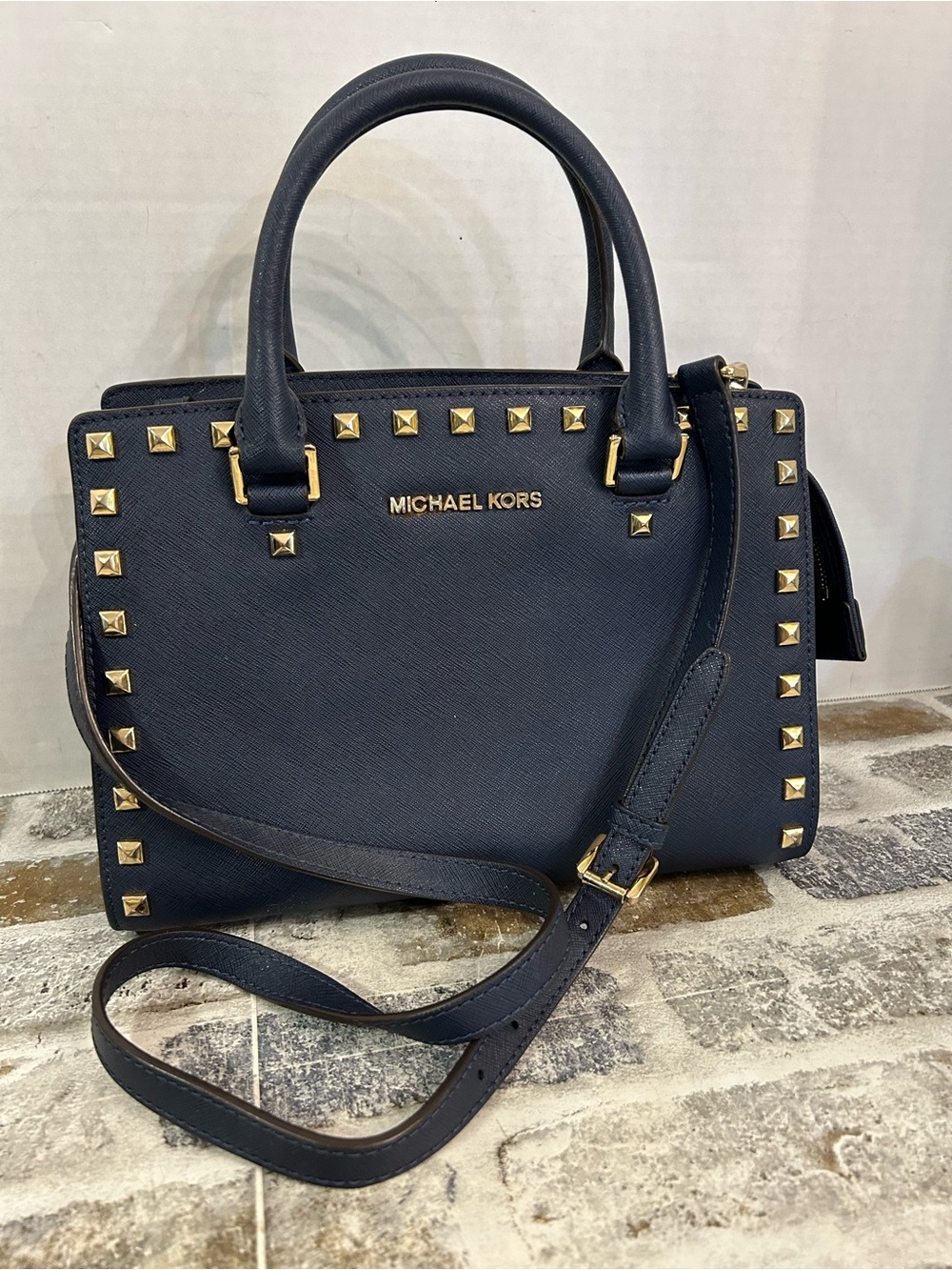 MICHAEL Michael Kors Selma Stud Medium Top Zip Satchel Navy Blue Gold Hardware